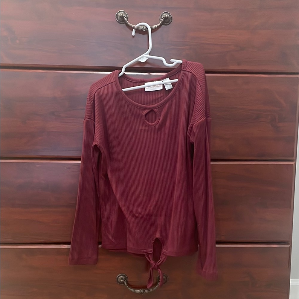 Place Red Long Sleeve Tie Front Blouse